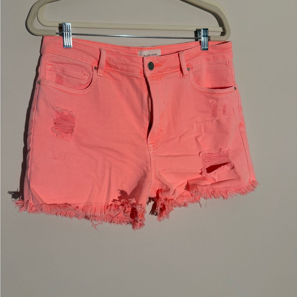 Risen |  Bright Coral Distressed Denim Shorts